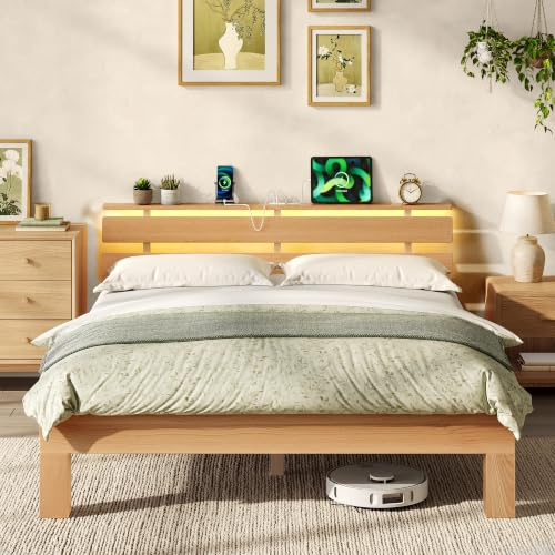 VASAGLE Bettgestell aus Massivholz Buche, mit LED-Beleuchtung und USB | Kopfteil, ohne Lattenrost, 221,2 x 144,5 x 78 cm, Naturfarben, für Schlafzimmer, NYTOR Kollektion RMB254Y101