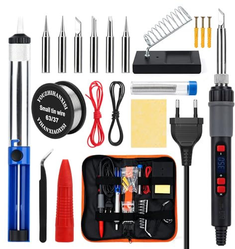Set saldatore con display LCD 21 in 1, temperatura regolabile 180-500 ℃, set di saldatura con 6 punte di saldatura, supporto per saldatore, pompa dissaldante, ferro per riparazioni domestiche, fai da