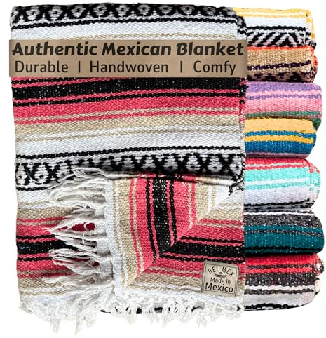 Del Mex Classic Mexican Blanket, Large Authentic Woven Falsa Throw (70x50), Artisan Southwest Décor for Beach, Yoga, Outdoors (Pink/Tan)