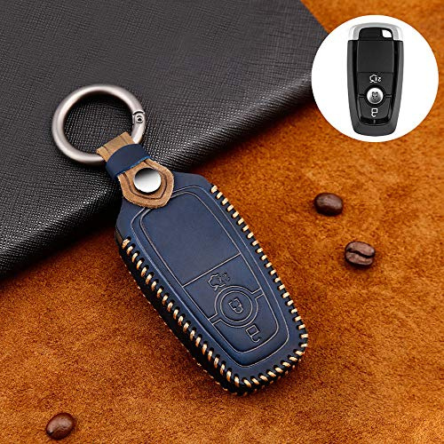 ontto Rindsleder Autoschlüssel Hülle Cover für 2017-2019 Ford Mustang Explorer Edge Fusion Mondeo F150 F250 F350 F450 Schlüsselhülle mit Schlüsselanhänger Schlüssel Schutz Etui Fernbedienung-Blau
