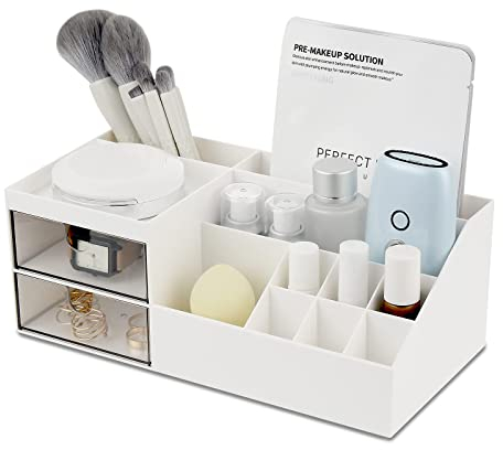 NWK Makeup Organiser Large Cosmetic Brush Holder Display Storage Box Bag Bathroom Dresser Desk Office Storage Organizer with 2 Drawers and 11 Compartments (White)