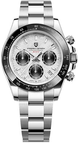 Pagani Design Montre à Quartz pour Homme en Verre Saphir chronographe en Acier Inoxydable étanche et Lumineuse, Mouvement Japonais (Acier Argenté Météorite)
