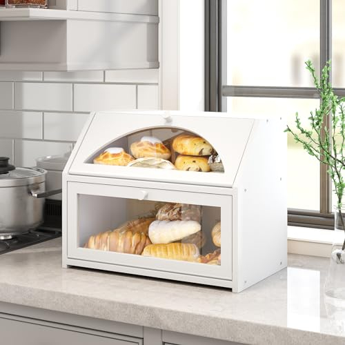 Bamboo Bread Box for Kitchen Bread Storage And Organizer Farmhouse Countertop Bread box Double Layer Bamboo Wooden Extra Large Capacity(White)