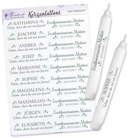Kerzentattoos Namen personalisiert Kommunion, Gastgeschenk Selber Machen, Aufkleber für Tischdeko Kommunion, Eukalyptus, DIY Give-Aways Gestalten, Wasserschiebefolie Konfirmation, Feenstaub