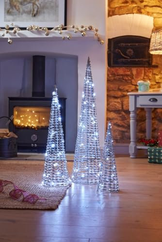 Smart Garden Set of 3 Light Up LED GlitterTwist Trees - Silver - 40x12cm/60x16cm/80x20cm - Cone Shaped - Battery Powered - Christmas Decoration for Home - Festive Lights