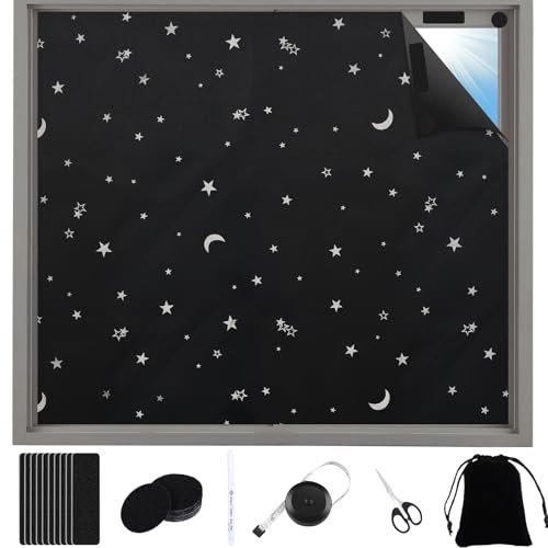 ZOCONE Stelle Luna Tessuto Oscurante per Finestre, Senza Forare Rivestimento Isolamento Termico, con Rettangolo Tondo Nastro Magico e 1 Forbici, Tendina Oscurante Finestra (145 * 100cm)