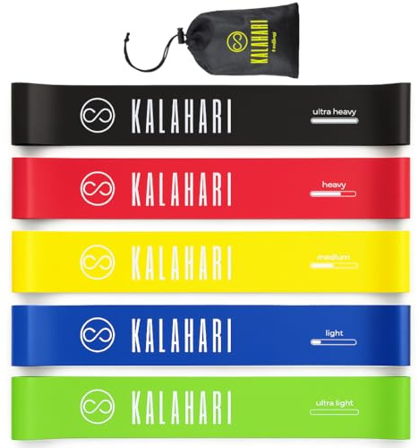 KALAHARI Elastici Fitness SET DI 5 più Ebook esercizi in Italiano e Borsa – Fascia elastica con 5 livelli di Resistenza per allenamento Forza, Stretching, Palestra, Pilates, Yoga - Bande elastiche
