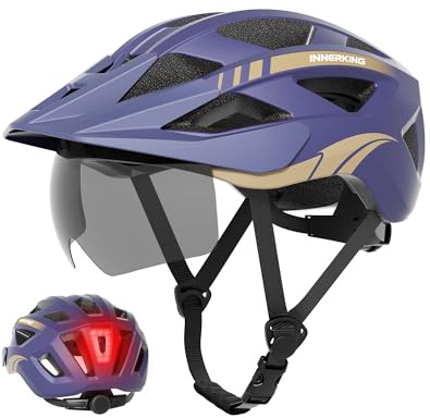 InnerKing Bike Helmet for Adults, Lightweight Mountain Bicycle Helmet with USB Rechargeable Rear Light Detachable Magnetic Goggles, Road Bike Helmet with OTG Visor for Men Women