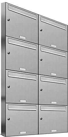 AL Briefkastensysteme 8er Briefkastenanlage Edelstahl, Premium Briefkasten DIN A4, 8 Fach Postkasten modern Aufputz