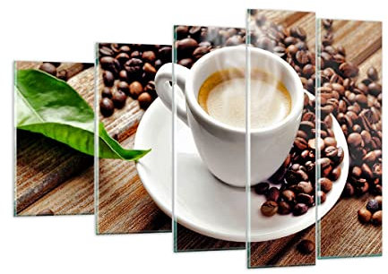 Mehrteilige Bilder auf Glas 150x100cm Glasbild Kaffee Tasse Espresso heiß Groß XXL Wanddeko Schlafzimmer Küche Set 5 teilige Wandbilder Dekoration Wohnzimmer Modern Wand Kunstdruck Art GEG150x100-2546