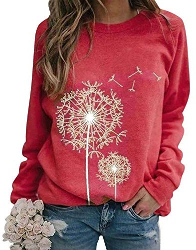 LAEMILIA kvinnors casual tröja utan huva sport tröja rund hals långärmad original pullover casual topp tröja tröja topp tröja tryck bekvämt mönster mode, Färg: röd, 42