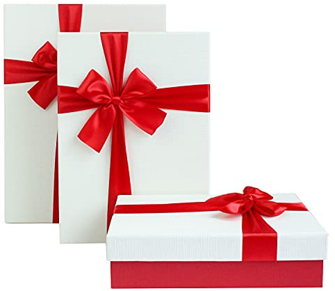 Emartbuy Set mit 3 starren Geschenkboxen, strukturierte rote Box mit weißem Deckel, brauner Innenseite und rotem Satinband