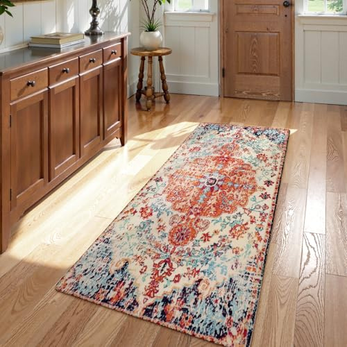 Lahome Bohemian Floral Medallion Runner Rug - 2x4 Washable Laundry Room Hallyway Runner Rug Doormat,Oriental Distressed Faux Wool Non-Slip Bath Mat Low-Pile Carpet for Kitchen Bathroom Entryway,Orange