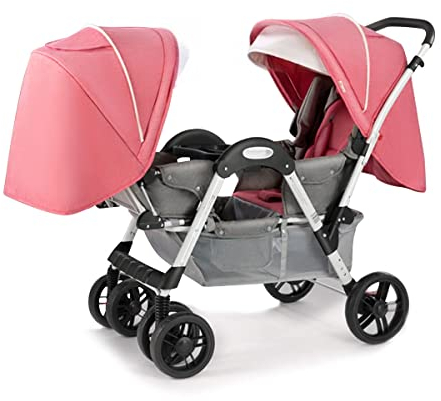 LEIYTFE Zwillingskinderwagen Für Kleinkinder Von Angesicht Zu Angesicht Regenschirm Kinderwagen Mit Verstellbarer Rückenlehne Doppel-Kinderwagen-Geländewagen, Kindertablett, PU-Räder (Color : Pink)