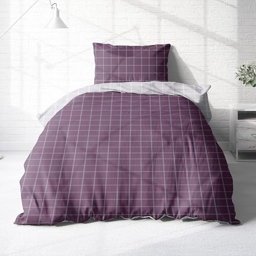 Träumschön Biber Bettwäsche Set 2tlg 135x200 cm + 80x80 cm – Flauschige Bettwäsche Lila – Weiche Winterbettwäsche Kariert - Atmungsaktiv, Warm & Hautfreundlich - 100% Baumwolle