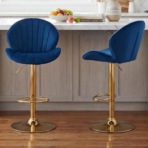 chairus Barhocker Samt Drehbar Höhenverstellbar Fußstütze 2er Set Blau | Samt-Bezug, 360° drehbar, höhenverstellbar, mit Fußstütze, für Küche, Theke