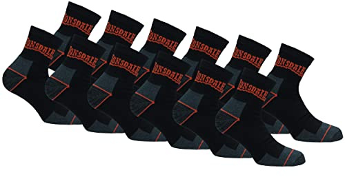 Lonsdale 12 Paires Chaussettes Quarter de Travail - Hauteur Cheville - Chaussures Sécurité - Pointe Talon Renforcés - Coton éponge (Noir, 39-42)