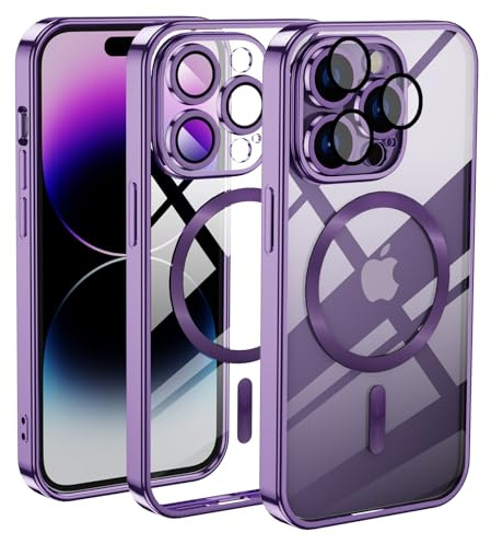 Cover Magnetica per iPhone 14 Pro Max, Custodia Compatibile con MagSafe, Protezione Antiurto di Livello Militare Telefono Silicone [Copertura della fotocamera], Viola Trasparente