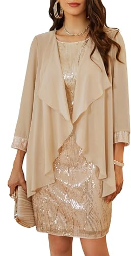 GRACE KARIN Damen Elegant Zweiteiliger Kleider Glänzendes Pailletten Vintage Ärmelloses Knielanges Cocktailkleid für Party Cocktail Champagnerfarbe XL