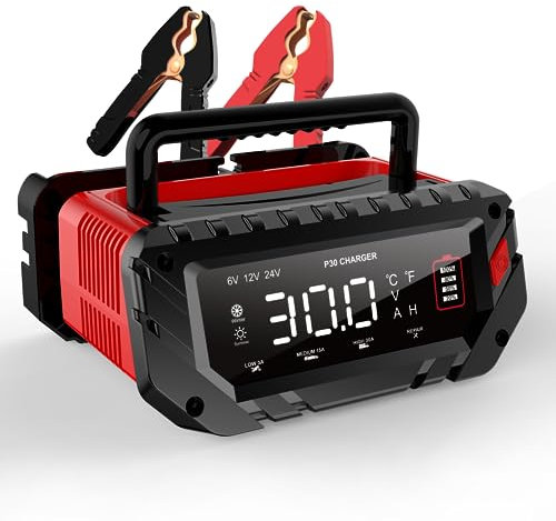 Haisito 30 Amp Lithium Battery Charger, 6V/12V/24V, Lifepo4, Lead Acid (AGM/Gel/SLA), Portable Car Battery Charger, Battery Maintainer, Smart Trick Charger