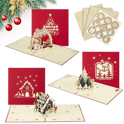 Vyntra 3d Weihnachtskarten mit Umschlag Set 3 Stk Pop Up Karte Weihnachten, Weihnachtskarte Lustig Kinder Christmas Cards mit Frohe Weihnachts,Weihnachtsbaum,Christmas shaus