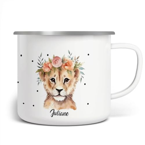 miKalino Emaille Tasse Mädchen - Trinkbecher Kinder personalisiert - Emaille Becher mit Löwe & Blumen-Motiv - Kindertasse mit Namen - Kindertasse bedruckt - Emaille Becher Weiß, 300ml