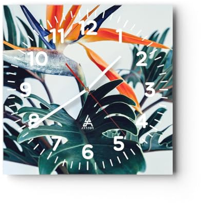 Modern Wanduhr Pflanzen Boho Exotisch 30x30cm Quadrat Klein Wand Uhr Glas Analog Zimmeruhren Küche Büro Wohnzimmer Glasuhr Wall Clock Dekoration Design Wanddekoration Küchenuhr C4AC30x30-5286