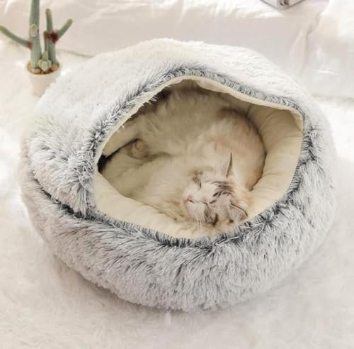 ZHULONGRUSHUI Lit pour Chat Moelleux, Lit pour Chats, Panier pour Chien, Semi-fermé Canapé, Panier pour Animal Domestique, Coussin Chiot et Chaton Anti Stress, Lavable (XS-40cm,Gris)