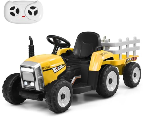 COSTWAY Ride on Tractor and Trailer, 12V Battery Powered Electric Kids Toy Car with Remote Control, LED Lights, USB & Bluetooth Music, Four Wheels Ride on Toys for Children Ages 3+ (Yellow)