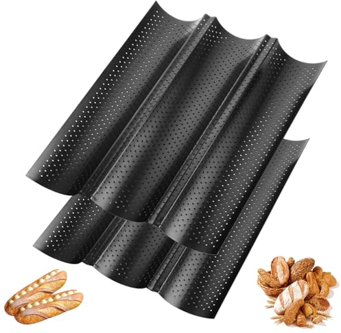 VIDETOL 2 stampi per baguette antiaderenti, 38 x 24 cm, teglia per baguette con 3 cavità, nere, forati per baguette e pane