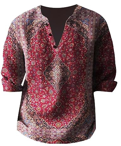 Linen Shirt Men's Short Sleeve Relaxed Fit Henley Shirt Men Retro Ethnic Casual Shirt Summer Beach Patterned Grandad Shirt Men's Stand-Up Collar Long Sleeve Shirt with Floral Print