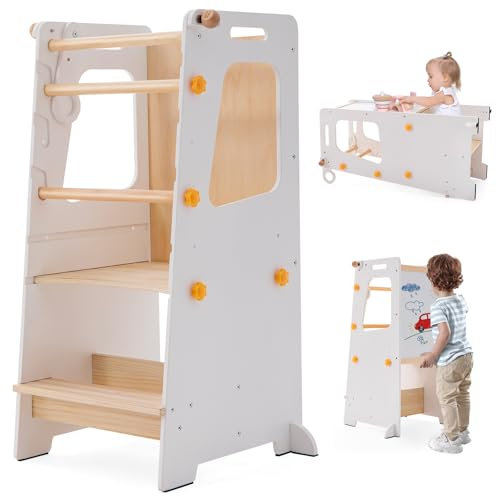 4 in 1 Toddler Kitchen Tower, Kids Kitchen Stool Helper, Standing Tower with Convertible Table and Chair, Toddler Step Stool with Adjustable-Height,Whiteboard and Safety Rail for Counter Sink (White)