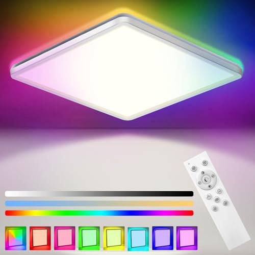 PAZEAU 24W Plafoniera LED Soffitto Dimmerabile con Telecomando,7 Variazioni di Colore RGB, Temperatura di Colore 3000K/4000K/6500K Regolabile,Plafoniera LED Ultrasottile 3200LM