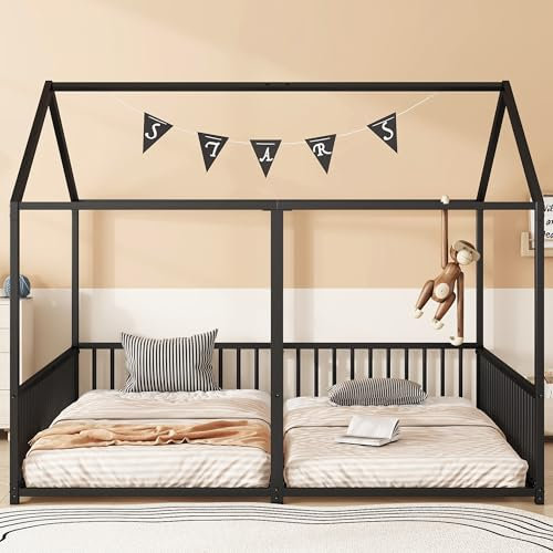 Metallbett, Kinderbett, 90X200cm, Ohne Matratze, Geländer, Leiter, Hausmodellierung, Doppelbett Design, Doppelbett, Eisenrahmen (Schwarz)