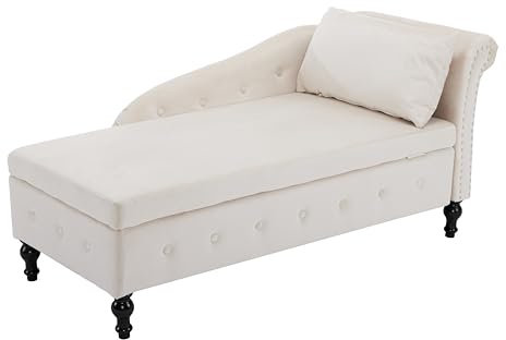 Chaiselongue-Sofa aus Samt mit Stauraum, gepolsterte Chaiselongue-Couch mit Kissen für das Wohnzimmer, moderner Loungesessel mit Nagelkopfbesatz&Knopfheftung, Schlafzimmer&Büro, rechte Armlehn (Beige)