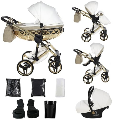 Junama Kinderwagen Diamond Hand Craft Glitter 2in1 3in1 4in1 (02 - Weiß und Gold, 3in1 mit Autositz)
