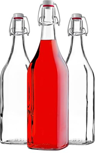 KADAX Bügelflaschen 1L, 3er Set, große Glasflaschen mit Bügelverschluss, leere Flaschen zum Befüllen für Saft, Öl, Essig, Likör & Sirup, Saftflaschen aus Glas, Likörflaschen