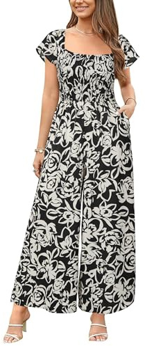 VOTEPRETTY Jumpsuits for Women UK Short Sleeve Square Neck Smocked Wide Leg Long Playsuit One Piece with Pockets Black White Flower,M