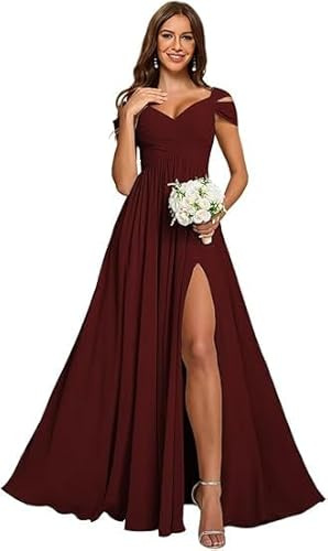 ZOOYYUE Abendkleid Elegant,Damen Off Shoulder Chiffon Brautjungfernkleider Lang - Formeller A-Linie V-Ausschnitt Lang Abendkleider Elegant Hochzeit Schlitz Burgund 44