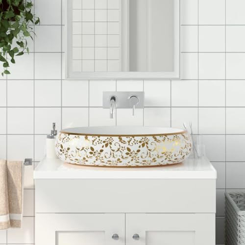 Lavabo da Appoggio Ovale in Ceramica, Design Elegante Bianco e Oro, Per Bagno Moderno o Vintage, Con Foro Scarico 4.5 cm, 59 x 40 x 15 cm