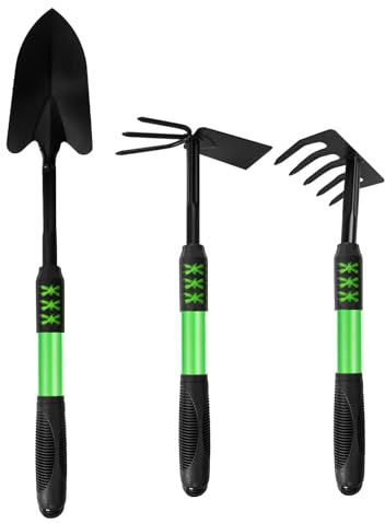 Garden Tool Set, 3 Pack Gardening Tools, Stainless Steel Heavy Duty Hand Cultivator, Hoes, Shovel, for Planting Weeding Digging, Gardening Gifts for Women, Green
