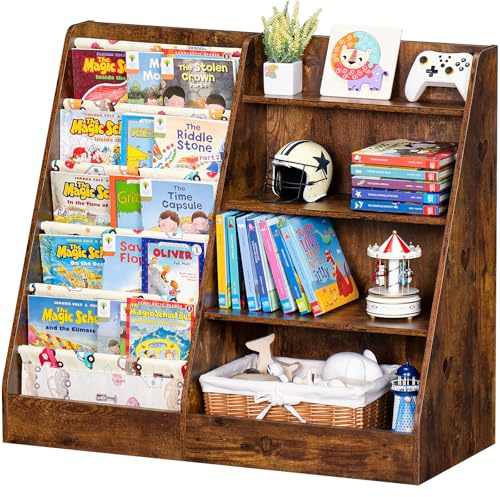 LELELINKY bücherregal kinder, Holz Spielzeug Organizer,90x40x80cm,Braun | Großes Kinderregal mit 5 Buchfächern und 4 Ablageflächen, für Kinderzimmer, Kindergarten und Spielzeugaufbewahrung
