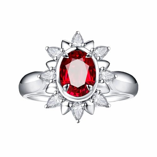 AMDXD Weißgold 18 Karat 750 Partnerringe Echter Schmuck, Labor Erstellt Rubin 1.3ct Klassiker Eheringe Ovalschliff Rot, Pärchen Ringe mit Moissanit 18K Gold, Gr.61 (19.4)