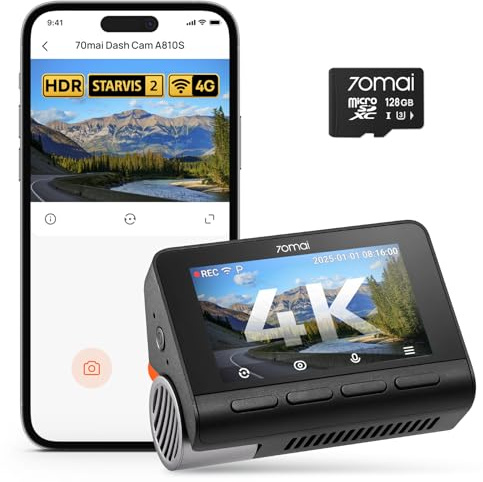 70mai 4K A810S Dashcam Auto Vorne, STARVIS 2 HDR Autokamera mit 128GB Karte | Nachtsicht, 24/7 Parküberwachung, AI-Sensor, ADAS, App-Steuerung, Sprachsteuerung, 146°-Weitwinkel, Optional 4G LTE, WiFi 6