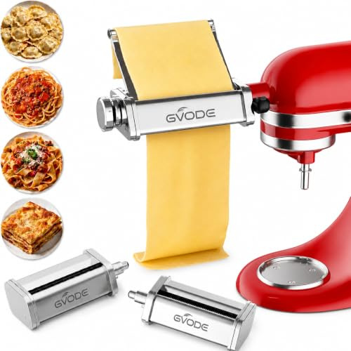 GVODE Pasta Attachment for KitchenAid Food Processors, 3 in 1 Pasta Set for KitchenAid Artisan with Stainless Steel Plate, Roller, Spaghetti & Fettuccine Cutter - Premium Accessories for Kitchen Aid