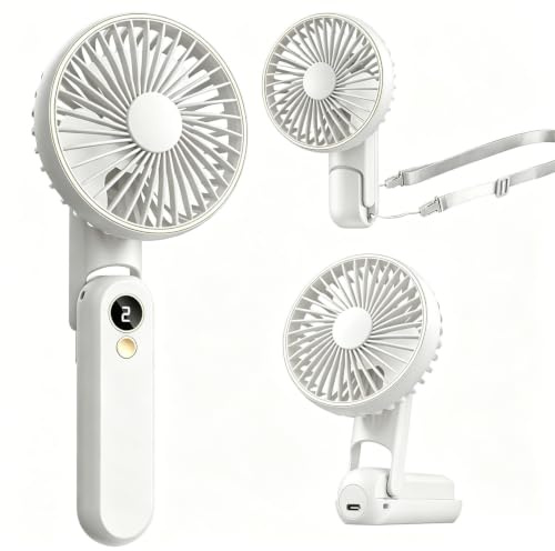 FGHB Ventilador de mano portátil, ventilador USB recargable 4000mAh, 5 velocidades ventilador de mesa con pantalla LCD, 180° plegable mini ventilador para viajar, playa, camping y oficina