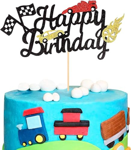 Race Car Happy Birthday Cake Topper Race Car Cake Decorations Racing Car Checkered Flag Hot Wheel Glitter Birthday Theme Baby Shower Party Supplies Cake Decor