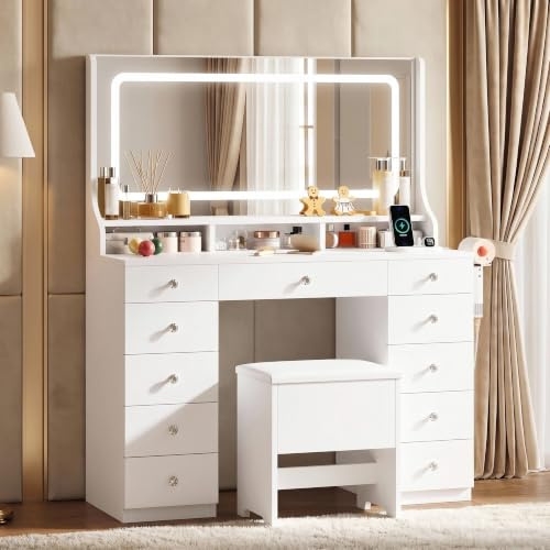 IRONCK Dressing Table with Mirror and Stool, Vanity Desk with Power Outlet & Hairdryer Holder, 11 Drawers Vanity Table with 3-Color LED Adjustable Brightness, White Dressing Table for Bedroom