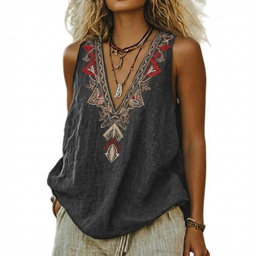 Camisetas Sin Mangas Mujer Verano Lino Camiseta Tirantes Casual Basicas Camisas Moda Retro Bordado Blusas Elegantes Ligera Cómodo Transpirable Chaleco Lino Vestir Cuello en V Top Elegante Fiesta Boho