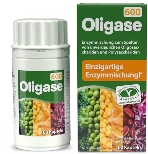 Oligase 600, Enzymmischung zur Verdauung von blähenden Kohlenhydraten, Verdauungsenzyme zur Abhilfe bei Blähbauch & Magenschmerzen, frei von Gluten und Fructose, für Vegetarier geeignet, 100 Kapseln